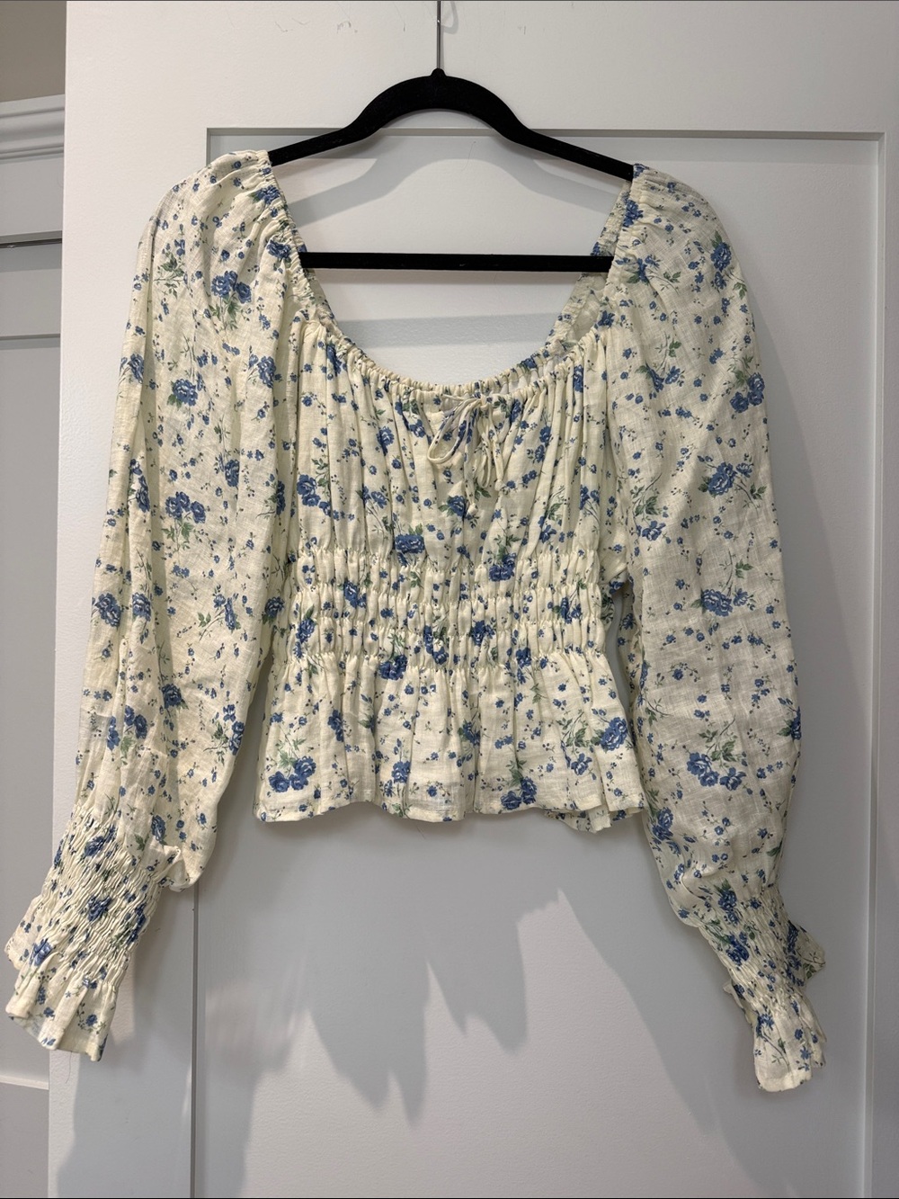 Faithfull the Brand Cream Floral Smocked Peasant Blouse with Blue Print